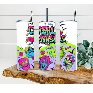 NEON CEREAL MONSTER Tumbler Cup -  Stainless Steel Insulated with Clear Sliding Lid and Straw - 20 oz