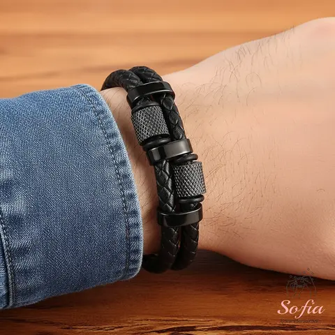 Men's Leather Braided Titanium Steel Bangle - Multilayer Boho Style Wristband with Magnetic Closure, Boho-Inspired Look with Modern Edge, Metal Type Bracelets & Bangles, Unique Valentines Gift for Boyfriend