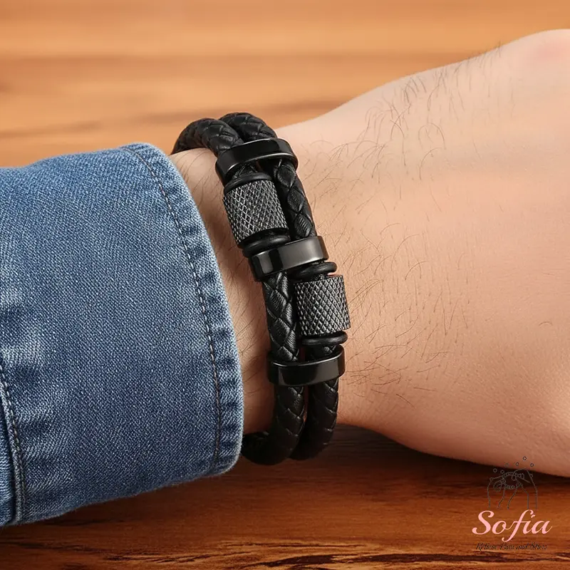 Men's Leather Braided Titanium Steel Bangle - Multilayer Boho Style Wristband with Magnetic Closure, Boho-Inspired Look with Modern Edge, Metal Type Bracelets & Bangles, Unique Valentines Gift for Boyfriend