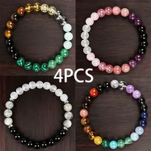 4 PCS Natural Stone Bracelet for Women Men Amazonite Howlite Beaded Bracelet Yoga Meditation Jewelry Gift Money Stress Reduction Protection 7 ChakrasSuitable for birthday and holiday gifts