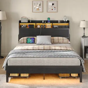 FUSOU LED Twin & Full Size Bed Frame with Charging Station, Metal Platform Bed Frame with Headboard, No Box Spring Needed, Heavy Duty