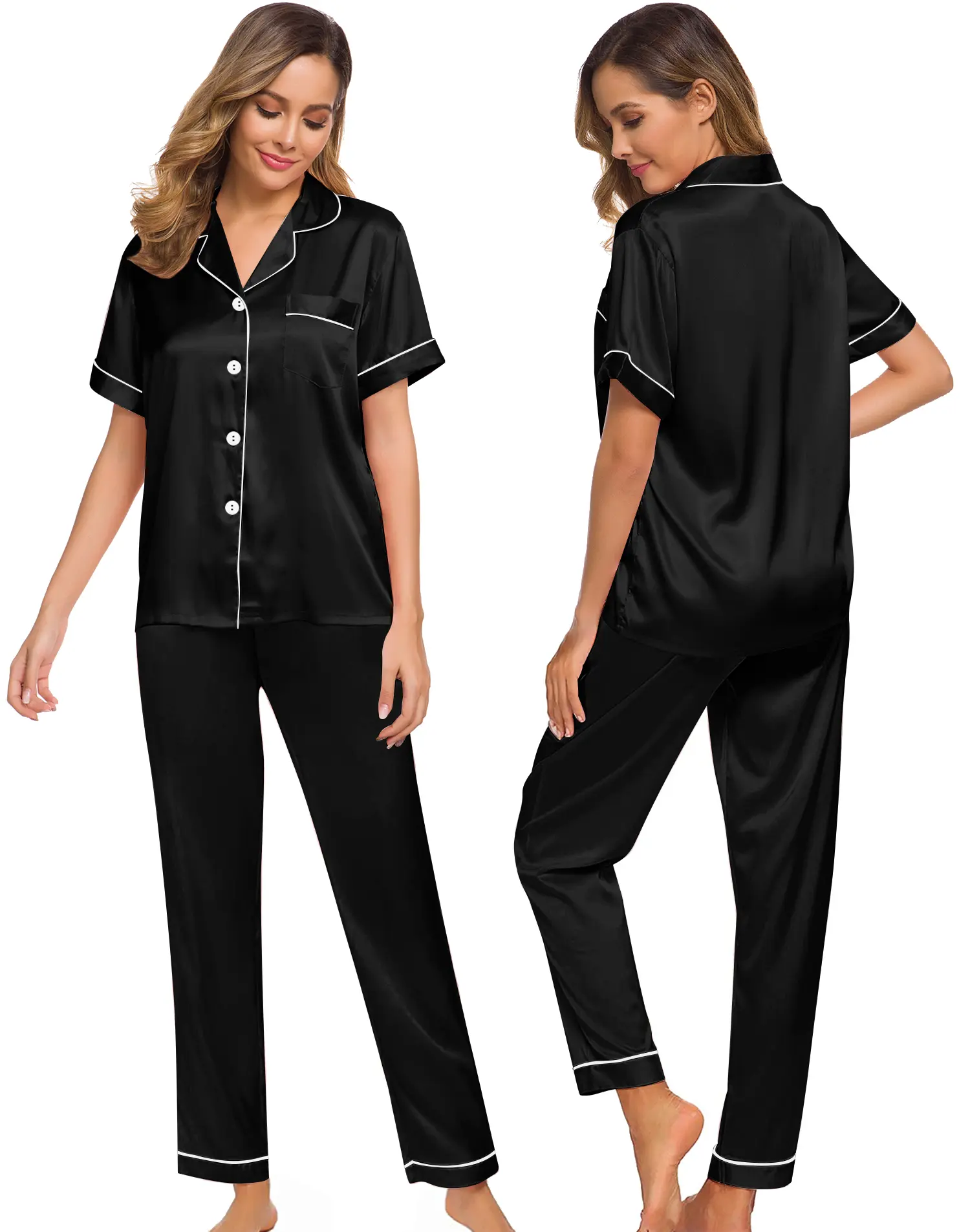 SWOMOG Ladies' Silk Satin Pajama Set, 2-Piece Lightweight Button-Down Sleepwear with Short Sleeve Top & Pants, Hand Wash, Shortsleeve, Soft, Party, Comfy Sets, Polyester, Airy Fit Short-Sleeve Pajamas Sets