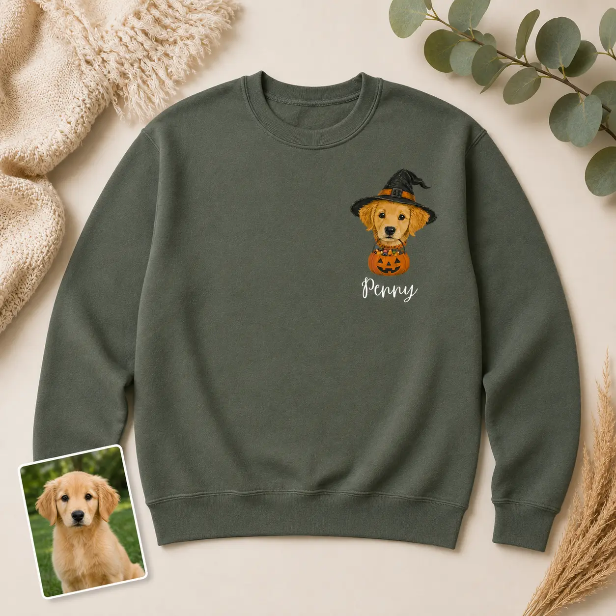 Custom Halloween Pet Sweatshirt, Personalized Dog Photo Crewneck, Witch Hat Name Design, Pet Lover Gift