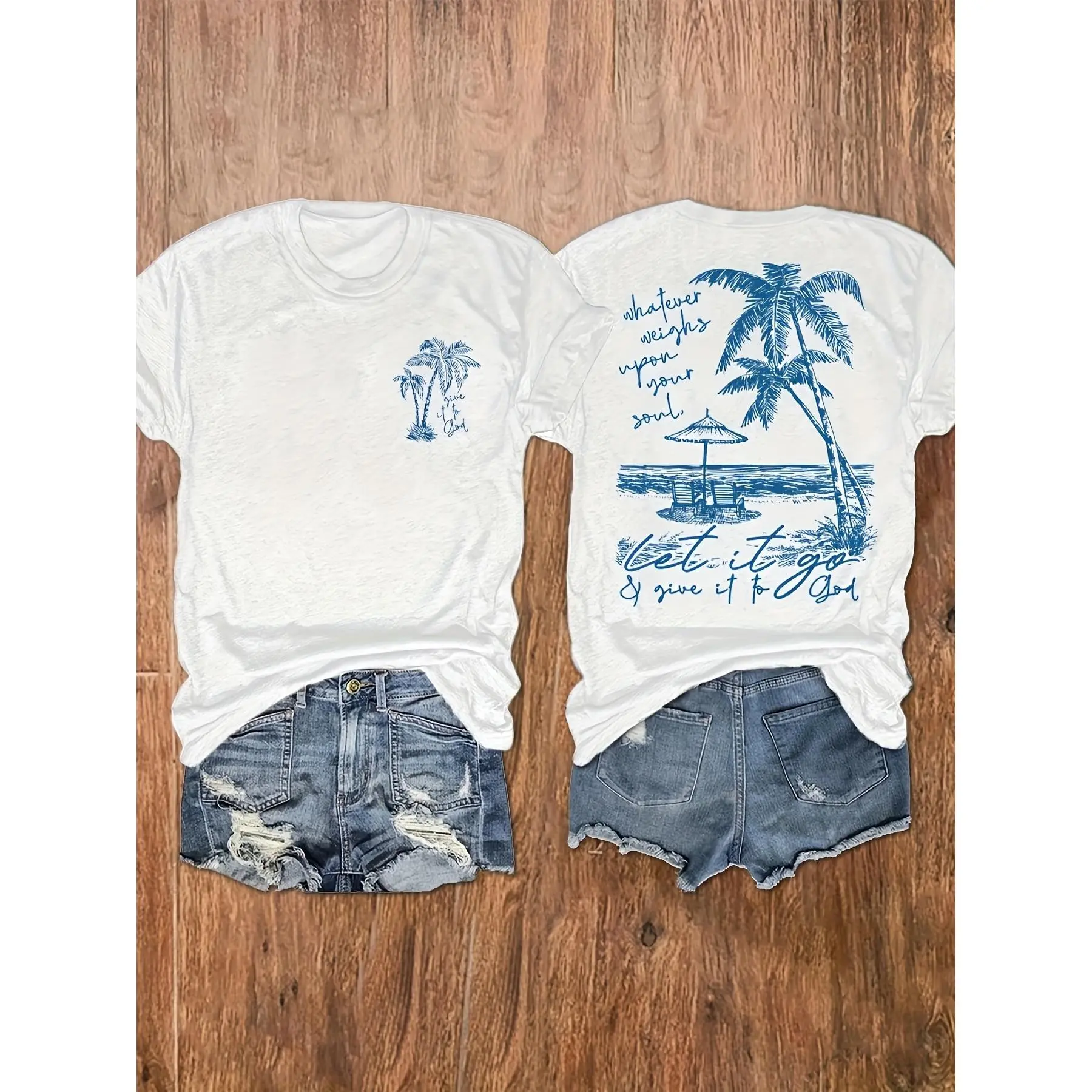 Women's Round Neck Short-Sleeve Palm Tree & Beach Printed White T-Shirt - Casual Thanksgiving Easter Vacation Streetwear Tops Apparel