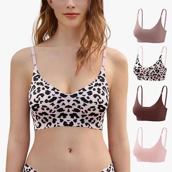 Deangelmon Women's V-Neck Bralette - Seamless Padded Nipple Covers Adjustable Straps Breathable Lightweight Everyday Sleep Multi-Pack Minimalist Design Comfortable Bras Wireless Bra