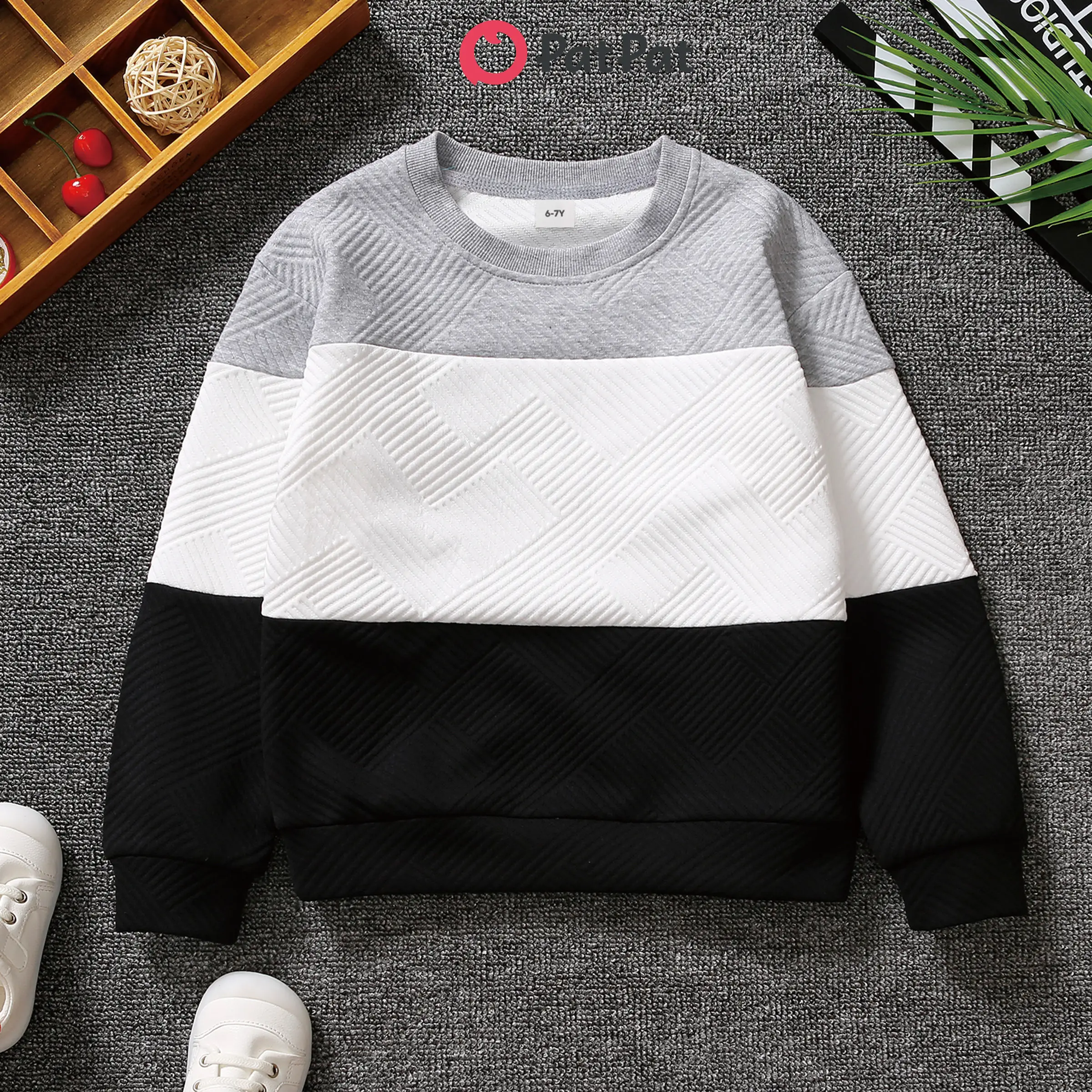 PatPat Kid Boy Casual Colorblock Textured Pullover Sweatshirt