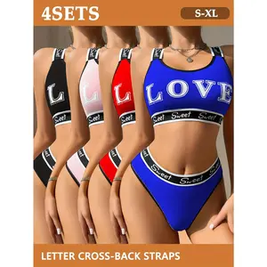 4 sets of women's sexy bra sets, "Love" letter print cross-strap underwear set, comfortable, breathable, quick-drying, suitable for daily wear and sports, women's lingerie and panties