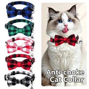 Plaid cat and dog bow tie with bell, 2-piece set, customizable pet bell collar with patch, anti-pull cat and dog collar, universal gentleman bow tie collar