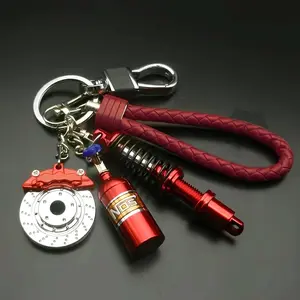 JDM Look 3-Piece Car Keychain Set - Red Braided Leather Strap Wristband, Shock Absorber, Brake Disc, NOS Bottle, Rainbow Tire Edges for Auto Enthusiasts, Three Pieces