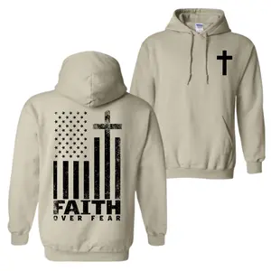 Faith Over Fear Hoodie, Christian Graphic Pullover with Cross, Religious American Flag Print, Casual Streetwear Apparel, Menswear Top