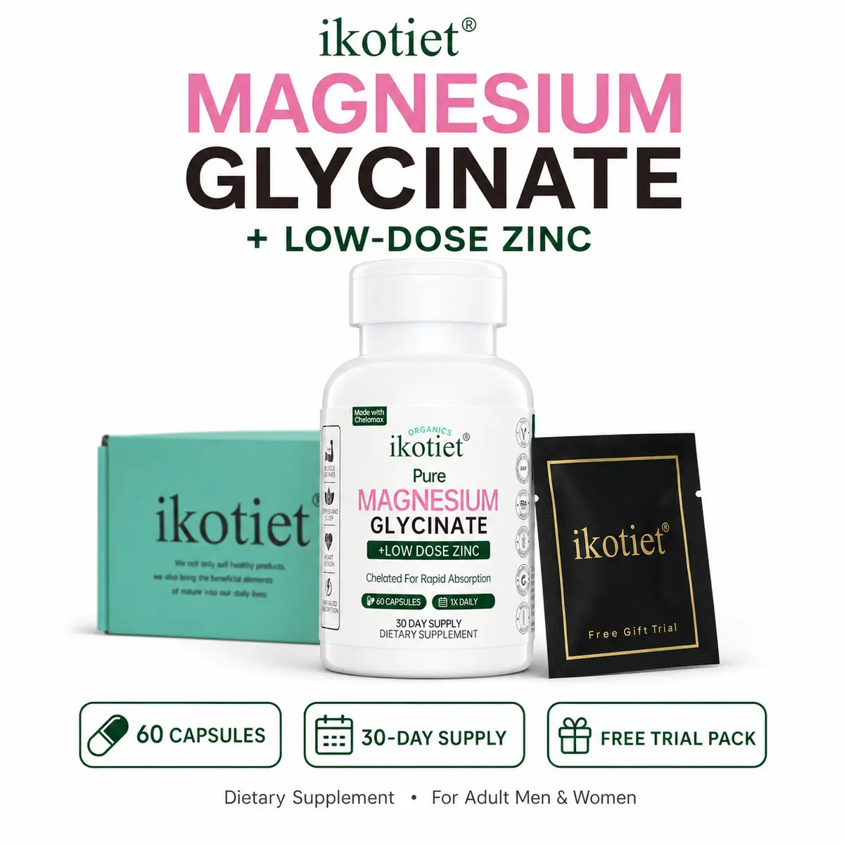 IKOTIET Magnesium Dual Dietary Supplement - 1000 mg of 18 essential magnesiums, 275 mg of low-dose zinc, rapidly absorbed, supports muscle and energy, enhances bone health, regulates insulin, and promotes metabolism. 60 capsules + 1 trial pack.