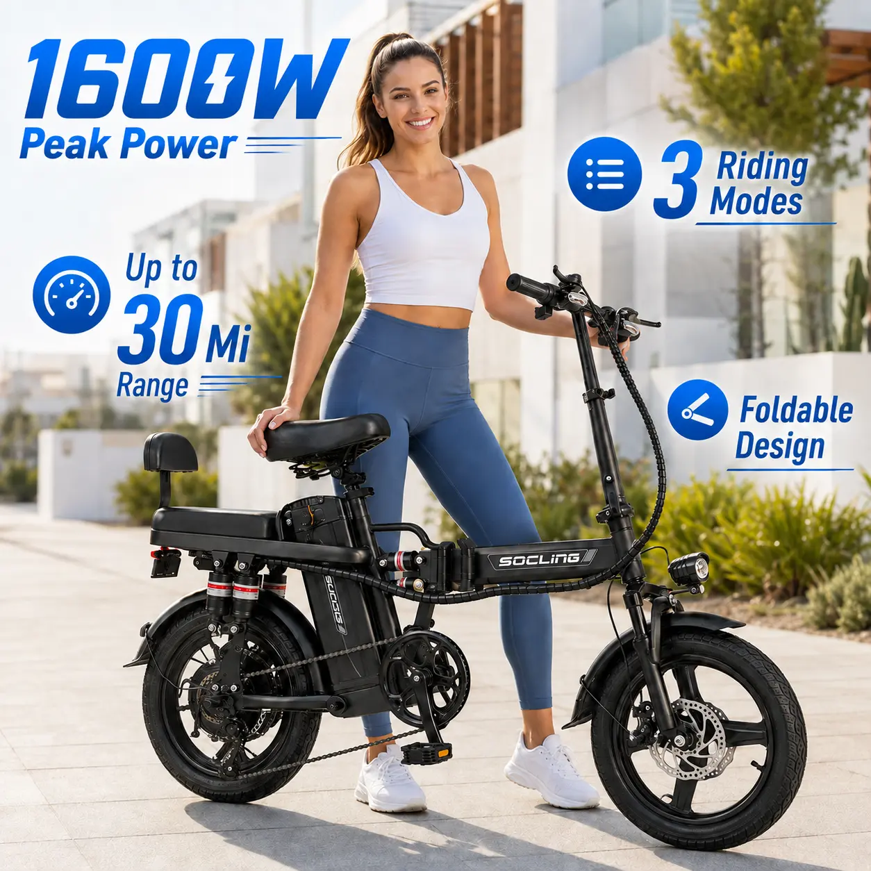 Adult Folding Electric Bike, 1600W Peak Power, Up to 28MPH Speed, 30 Mi Range, 48V 15Ah Removable Battery, 14" Tubeless Tires, Dual Seat, Multi-Shock Suspension, Front & Rear Disc Brakes, 3 Riding Modes, Remote Anti-Theft Alarm & 1-Click Start