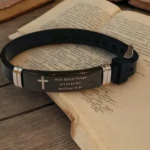 Bracelet with Inspirational Quote "With God All Things Are Possible" Matthew 19:26 in Silver Cross Design