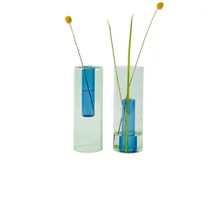 Block Design Large Reversible Glass Vase in Green & Blue