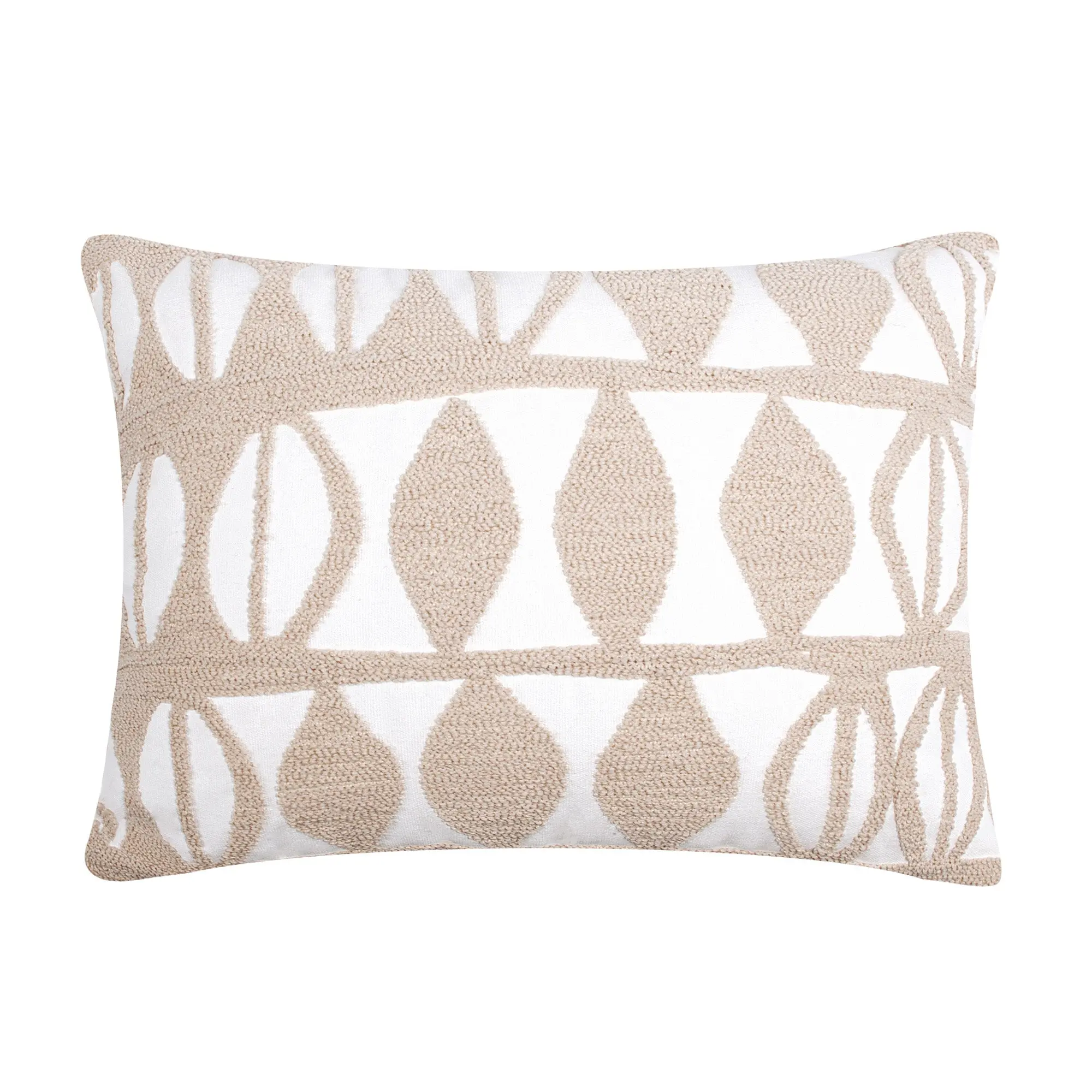14x18in Pickford Beige Neutral Tones Crewel Work Geometric Pre-Filled Pillow - Feather Fill Inner, Bedroom Decor Textile Soft Furnishing
