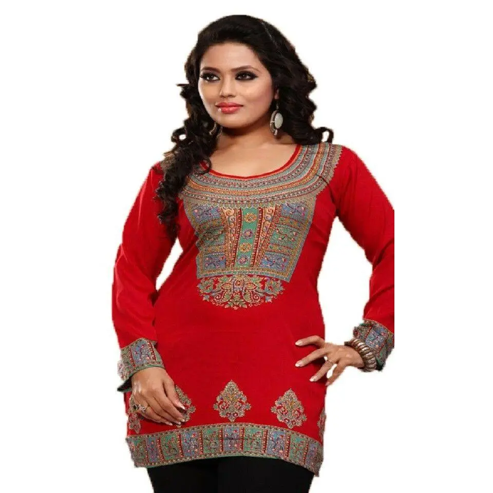 Women’s Printed Long Sleeves Crepe Kurti Tunic tops with Gold Foil - 1909-L