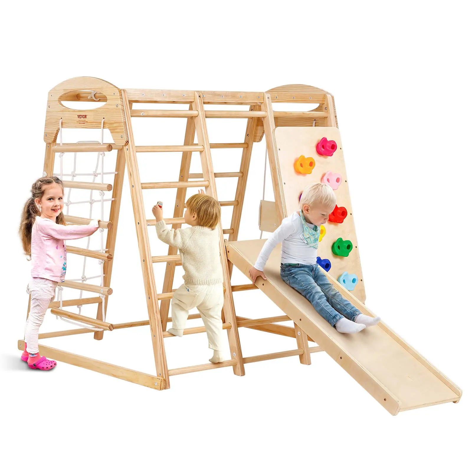 【summerfinds】VEVOR Indoor Jungle Gym, 7-in-1 Toddler Indoor Playground, Wooden Toddler Climbing Toys Indoor with Wood & Rope Ladder, Net Ladder, Swing, Monkey Bar, Slide, Climbing Wall, 47.2 x 58 x 56in