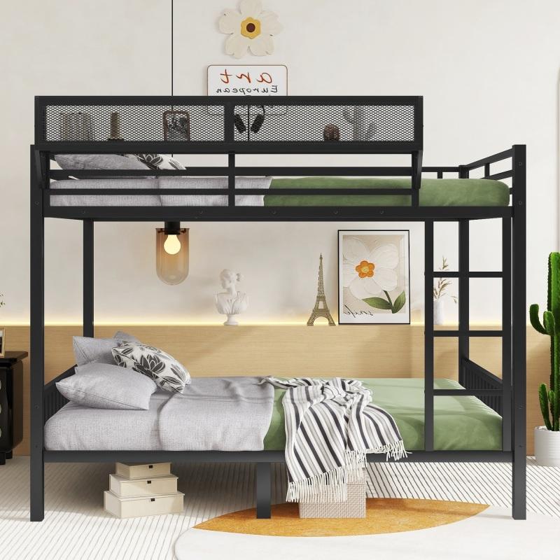 Queen Over Queen Bunk Bed with Storage Shelf and Ladder, Heavy-Duty Metal Loft Bed Frame, Noise Free, for Adults Teens,Black