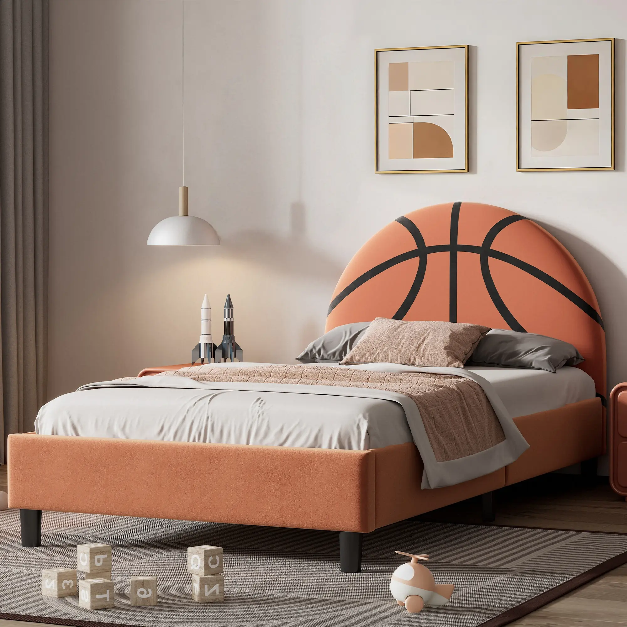 Twin Size Upholstered Basketball-Shaped Sport Style Bed Frame, No Box Spring Needed, Orange, Bed for Kids Girl, Ideal for Boys