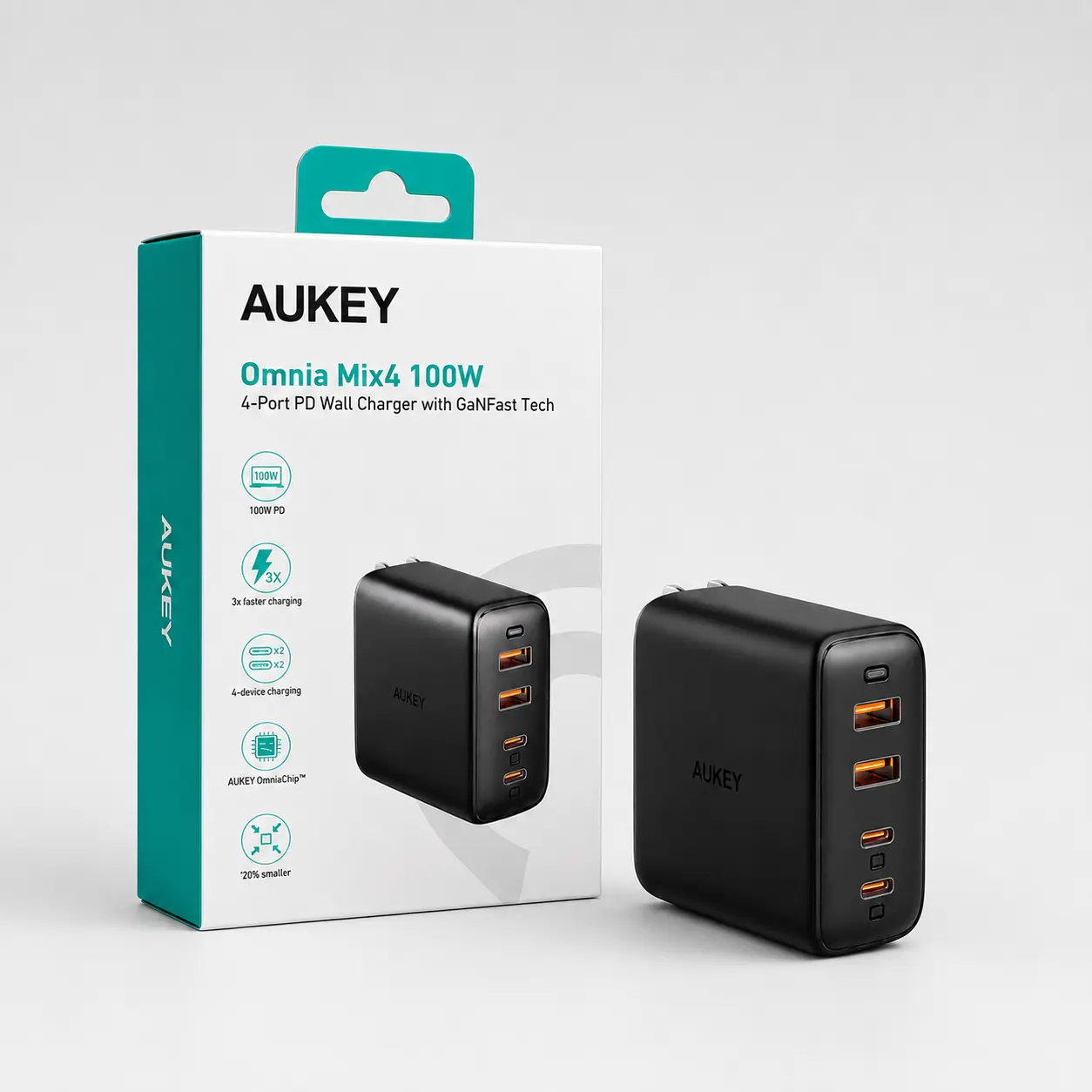 AUKEY Omnia Mix4 100W 4-Port PD Wall Charger with GaNFast Tech Fast Charging 4-Device 65W Max Output Black