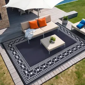GARVEE Outdoor Rugs 8x10 Modern Plastic Straw Rugs, Waterproof Patio Modern Border Camping Carpet, Lightweight Reversible Floor Mats for Patio RV Porch Deck Balcony Beach, Navy White