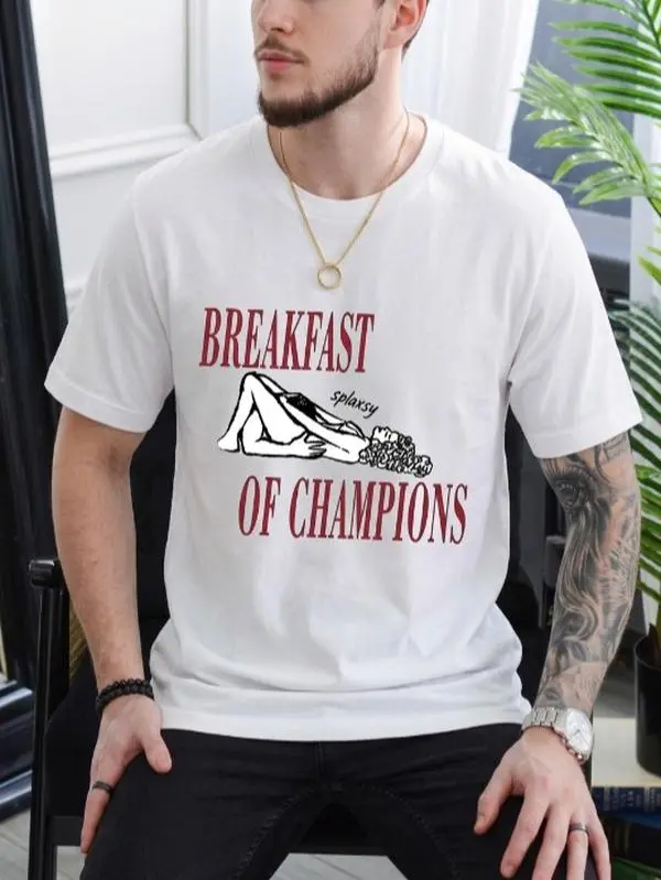 Men's "Breakfast of Champions" Graphic T-Shirt, Soft Retro Short Sleeve Top, Funny Unisex Round Neck Casual Streetwear, Tops, Shortsleeve, Menswear, Casual Tee, Graphic Slogan, Minimalist Art, Relaxed Cut, Soft Cotton, Vintage, Classic Slogan, Crew Neck,