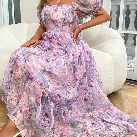 Women's Fashion Plus Size Elegant Chiffon Print Shirred Dress, Short Sleeve Loose-Fitting Casual Midi Dress, All Seasons Woven Fabric