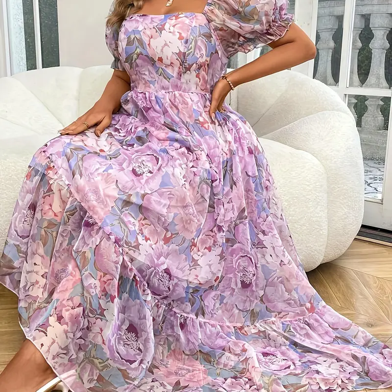 Women's Fashion Plus Size Elegant Chiffon Print Shirred Dress, Short Sleeve Loose-Fitting Casual Midi Dress, All Seasons Woven Fabric