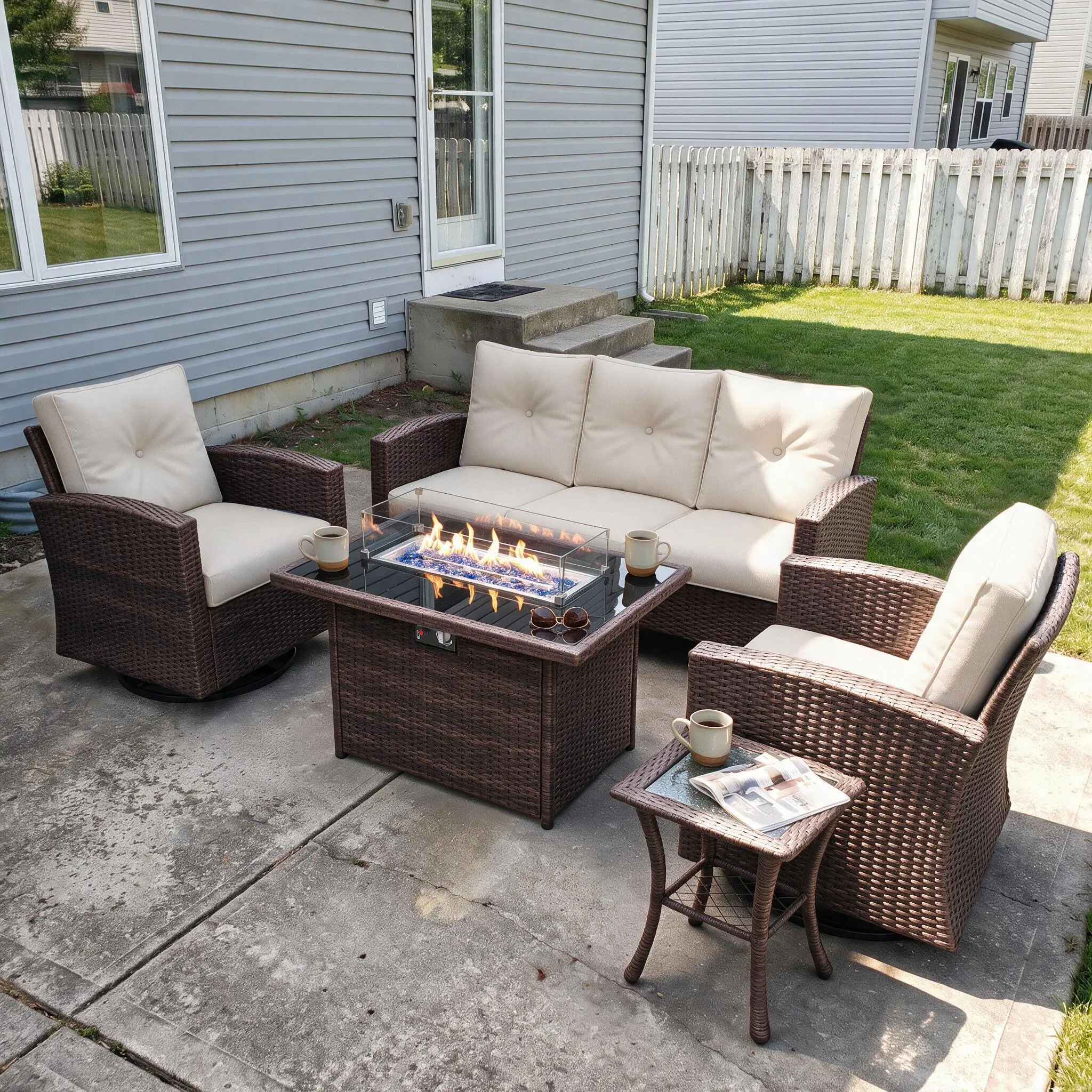【5 Packages Shipping】LayinSun 5-Piece Casual Outdoor Furniture Set - Rattan Wicker Swivel Rocking Glide Chairs, 44" Propane Gas Fire Pit Table Conversation Set, Waterproof Olefin, Proven Durability, Outdoor Furniture Sets, Patio Furniture Sets