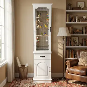 FUFU&GAGA 79" Tall Wooden Bird Cage, Large Indoor Aviary with Stand, Drawer & Storage Cabinet