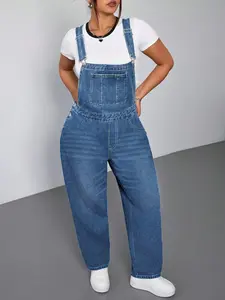 Plus Size Summer Medium Blue High Waist Denim Bib Pants Overalls, Y2K Millennial Style, Adjustable Straps, Practical Front Pockets, Conceals Belly Fat