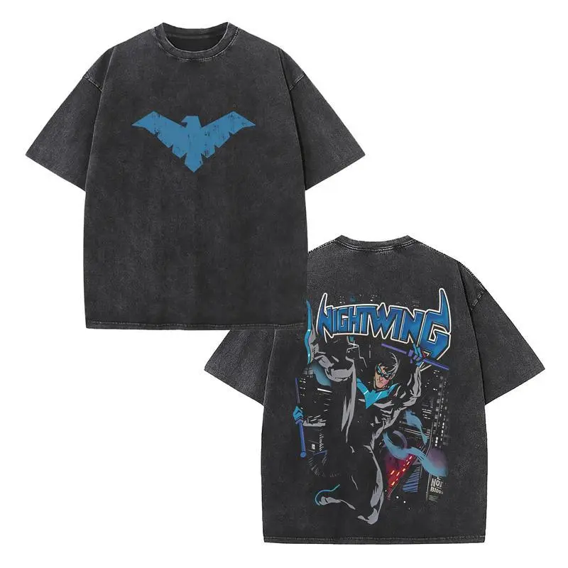 Retro Nightwing Worn Pale Blue Bird Symbol Front Chest Print & Graffiti Bold 3D Blue "NIGHTWING" Staff-Wielding Warrior Hero Back Graphic Dual-Sided Vintage Washed Black T-Shirt, Unisex Oversized Heavyweight Cotton Streetwear Top