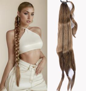 TwiceBeauty DIY Long Braid Ponytail Extension with Elastic Tie 32inch Straight Sleek Wrap Around Hair Extensions Braid Pony Tail Natural Soft Synthetic Hairpieces for Women Daily Wear Dark Brown Mixed Honey Blonde