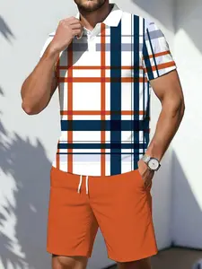 Men's Striped Polo Shirt and Shorts Set, Summer Casual Two-Piece, Colorblock Sports Wear, Loose Fit Short Sleeve Tee, Menswear