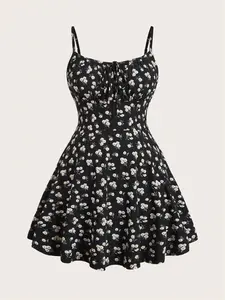 Women's Ditsy Floral Print Cami Dress Boho Ruched Cut, Casual Adjustable Spaghetti Strap Sleeveless Short Dress for Summer, Ladies Clothes for Beach Holiday