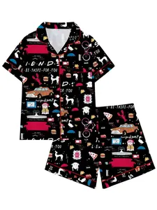 Friends TV Show Lapel Short Sleeve Shorts Pajama Set, Comfortable Sleepwear, Cute All-Season Loungewear Gift