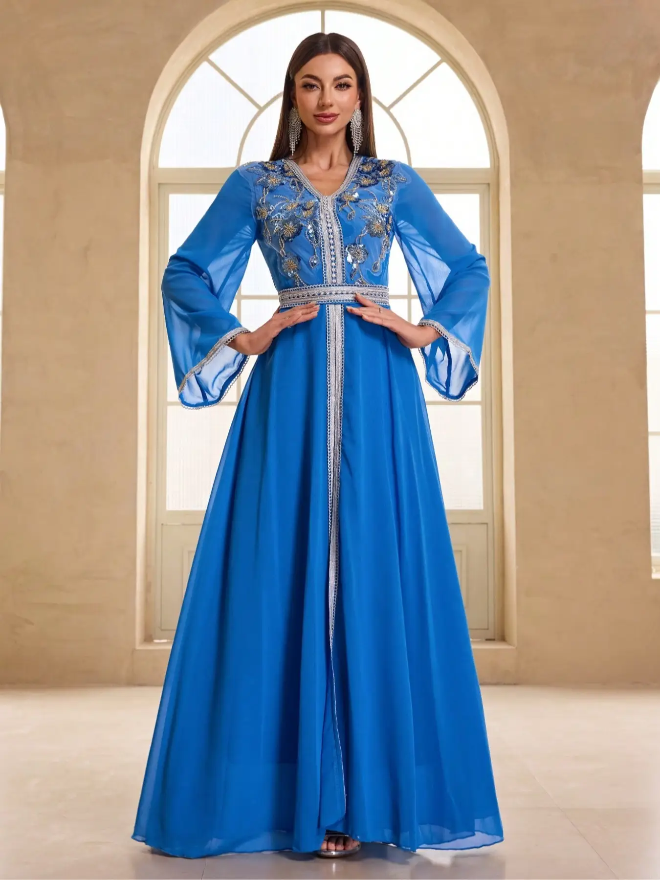 Women's Elegant Long Sleeve Dress, Floral Embroidery Design, Slim Fit Neckline, Arabic Style Fashion Maxi Dress for All Seasons, Blue Dress