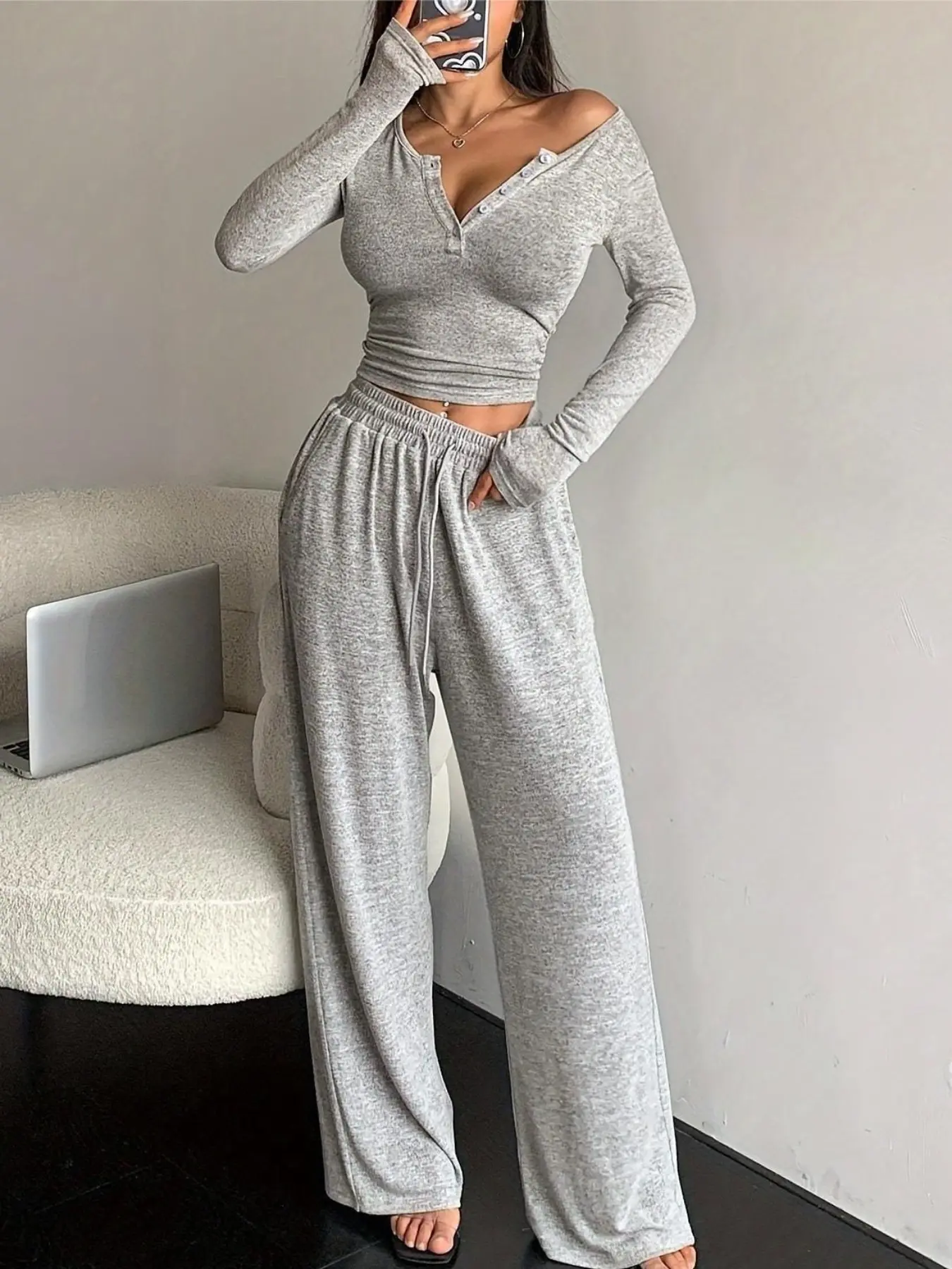 Women's Sexy Tight Pajama Set Nightwear, Long Sleeve Long Pants with Drawstring and Pockets, Comfortable Loungewear Home Wear for Spring and Fall