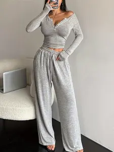 Women's Sexy Tight-Fitting Pajamas Set Loungewear, Long Sleeve Long Pants Two-Piece Casual Wear, Comfortable Soft Home Clothes for Spring & Fall