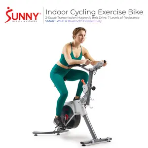 Sunny Health & Fitness Smart Indoor Cycling Exercise Bike with 2-Stage Belt Drive, 7 Magnetic Resistance Levels, Built-In Monitor, Ergonomic Design, Wi-Fi & Bluetooth Connectivity, Emergency Brake, Performance Monitor & Device Holder