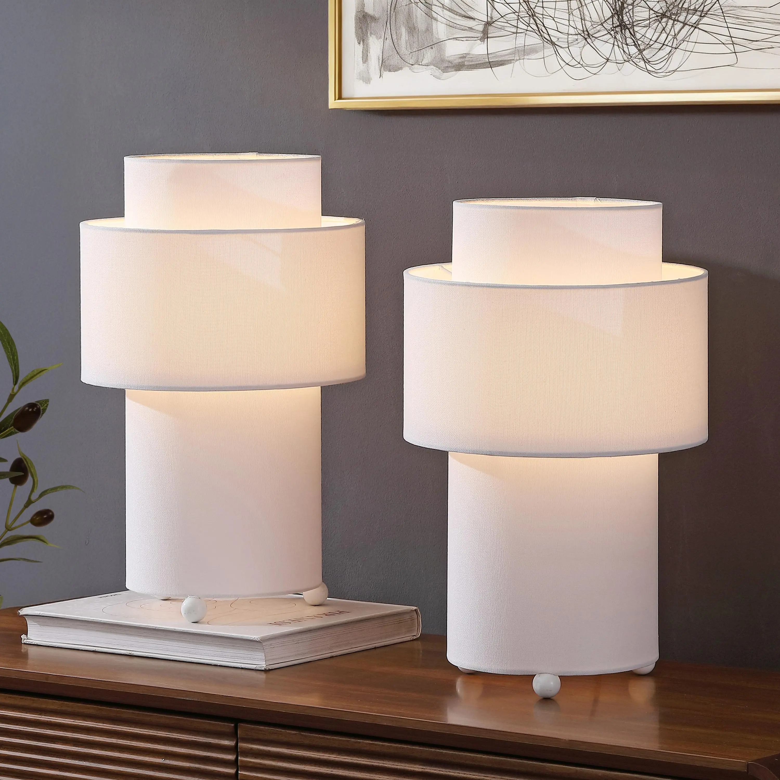 JONATHAN Y Franklin 17.5 in. Modern Minimalist Fabric Stacked Cylinder LED Table Lamps (Set of 2), White, Stacked Shape, Ambient Glow for Indoor Home Improvement Lighting