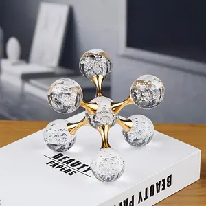 Luxury Modern Geometric Cross Metal Crystal Molecule Ball, Decorative Glass Sphere Figurine for Various Room Types, Indoor Use, Non-Electric Collectible Display Item Ornaments Large Size 6.3*6.3Inch