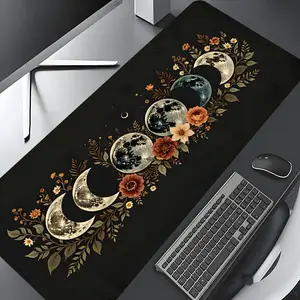 Moon Phases & Floral Pattern Mouse Pad, Rectangle Gaming Mouse Pad, Non-slip Rubber Pad, Aesthetic Desktop Decoration Protective Pad for Laptop, Desktop Computer Games, Desk Accessories, Desktop Accessory