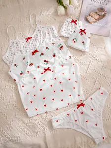 Three-Piece Set Women's All Over Print Bow Decor Underwear Set, Cute Cami Lingerie Top & Thong Set, Lady Summer Lingerie Set for Daily Wear Valentine's Day