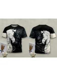 Men's Trendy 3D Printed Round Neck Short Sleeve, Two Horses Animal Pattern Print, Fashionable Gift for Daily Wear, Riding Top