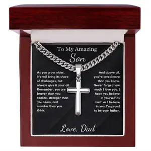 To My Amazing Son Cuban Chain Cross Necklace For My Son From Mom, Anniversary Christmas Birthday Gift, Meaningful Message Card Jewelry
