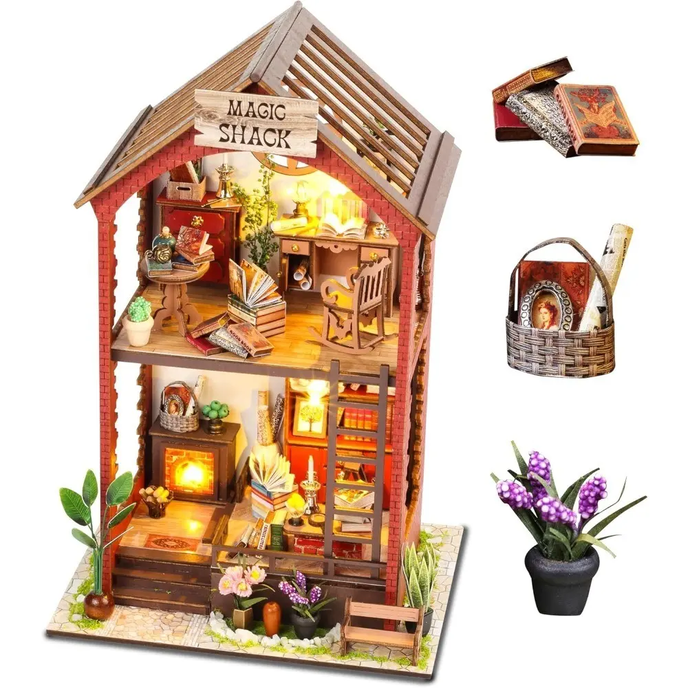 DIY Book Nook Kit, Miniature Dollhouse Playhouse Booknook with Light, 3D Wooden Puzzle Bookend, Bookshelf Decor for Adults, Library Decoration, Miniature Furniture, Miniature Set