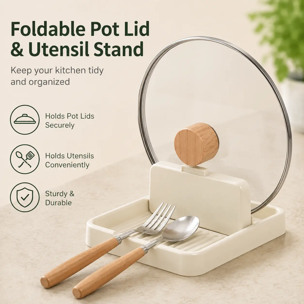 1 Count, Foldable Pot Lid Holder with Draining Tray, Plastic Kitchen Utensil Rest for Countertop Cooking Organization