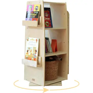 360 Degrees Rotating Bookcase Storage Organizer Wooden Display Bookshelf 3 Tier Floor Standing Bookshelves Open Design Storage Rack for Kids Children's Natural