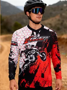 Motorcycle Off-Road Long Sleeve Shirt, Biker T Shirt, Sporty Fitted Design, Random Print Pattern, All Season Wear, Moderate Fabric Thickness, Athletic Sports Clothing
